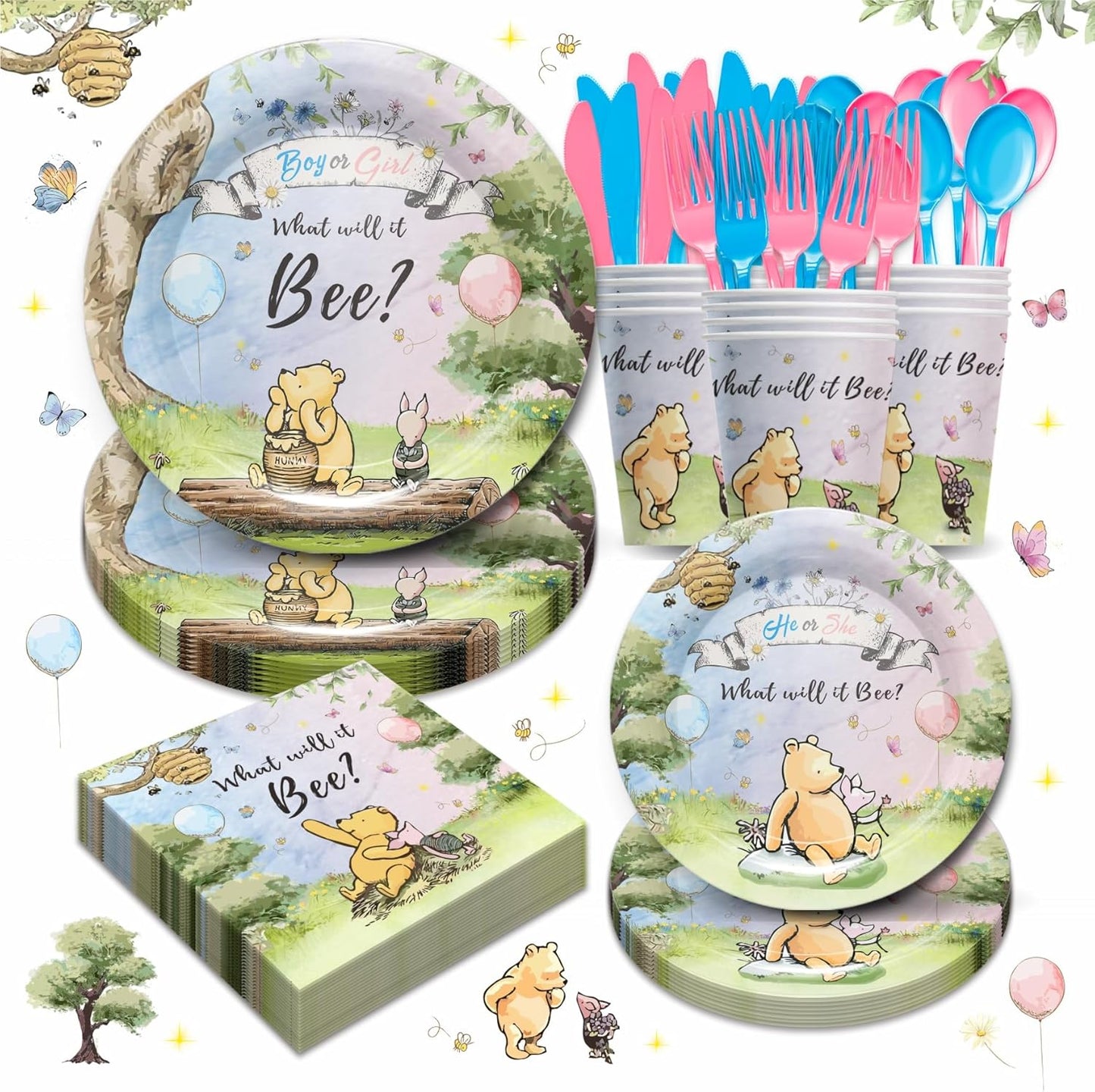 Set de revelación de genero, diseño Pooh, 24 personas