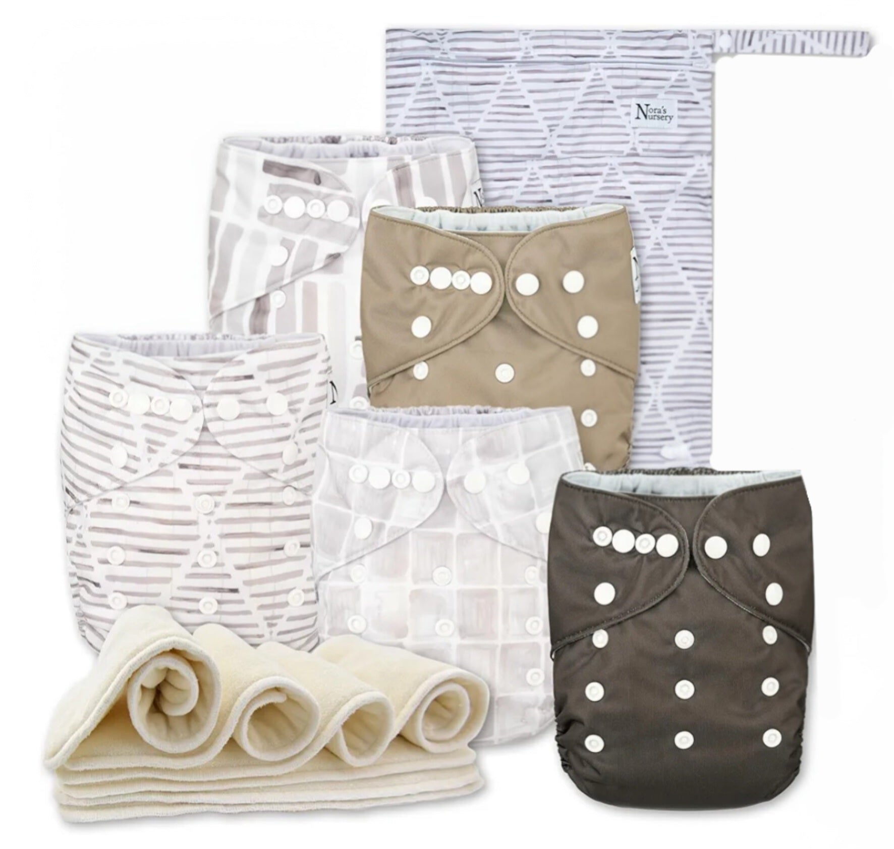 Nora's Nursery- 5 Pañales de bolsillo de tela para bebé, 6 inserciones de bambú, 1 bolsa húmeda