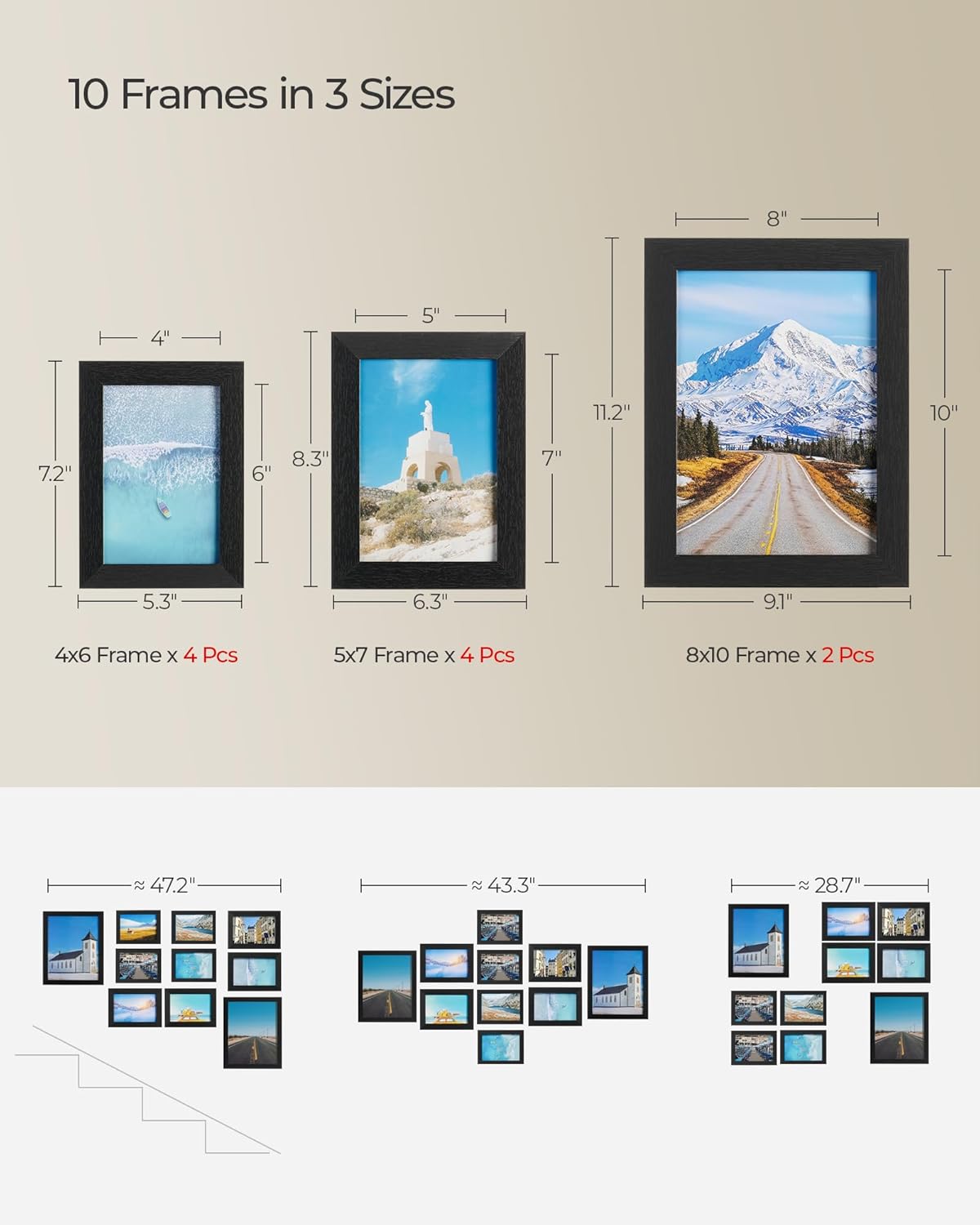 SANGMUCEN - Paquete de 10 marcos de fotos para collage de pared, color negro