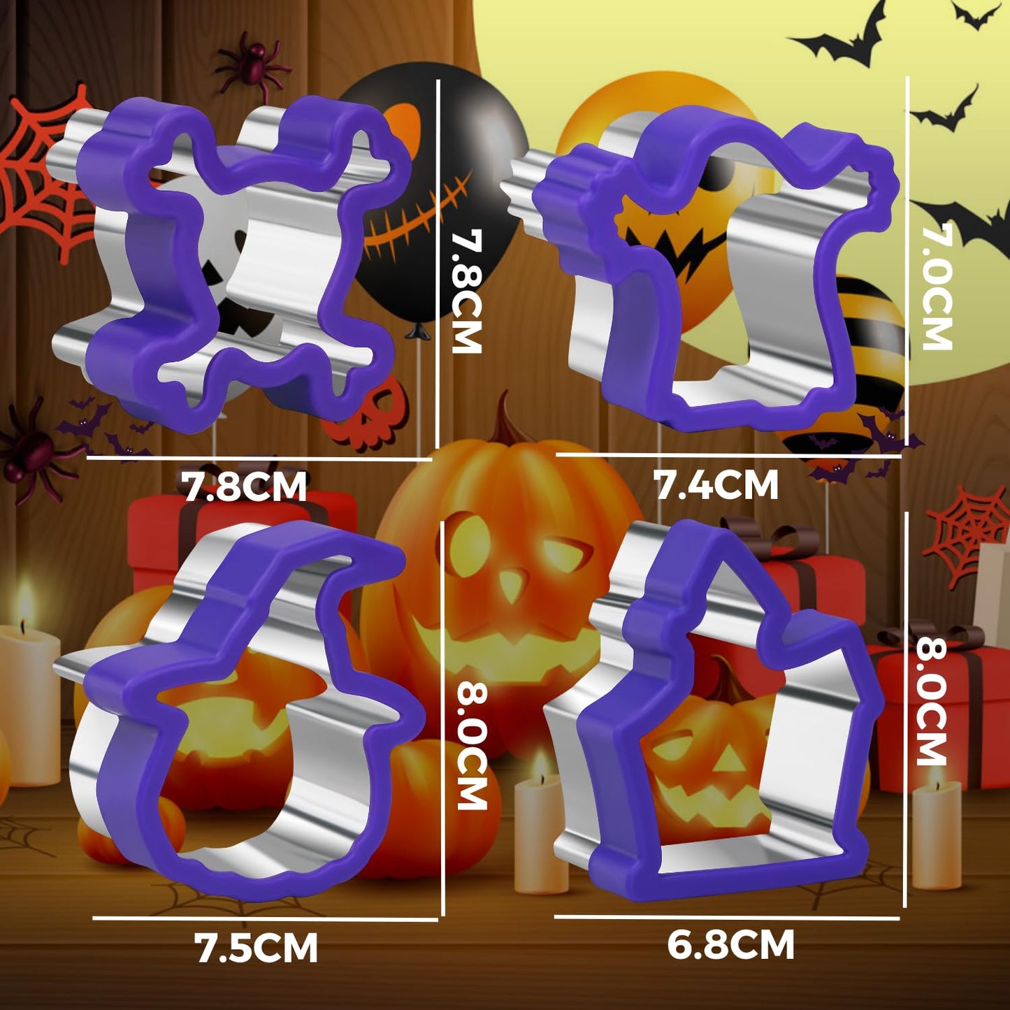 Orapink - Juego de 4 cortadores de galletas para Halloween, de acero inoxidable