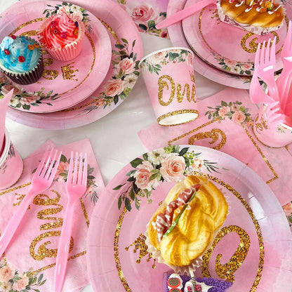 Vajilla de fiesta de cumpleaños de primer año niña, pompones, tela de fondo, 20 personas