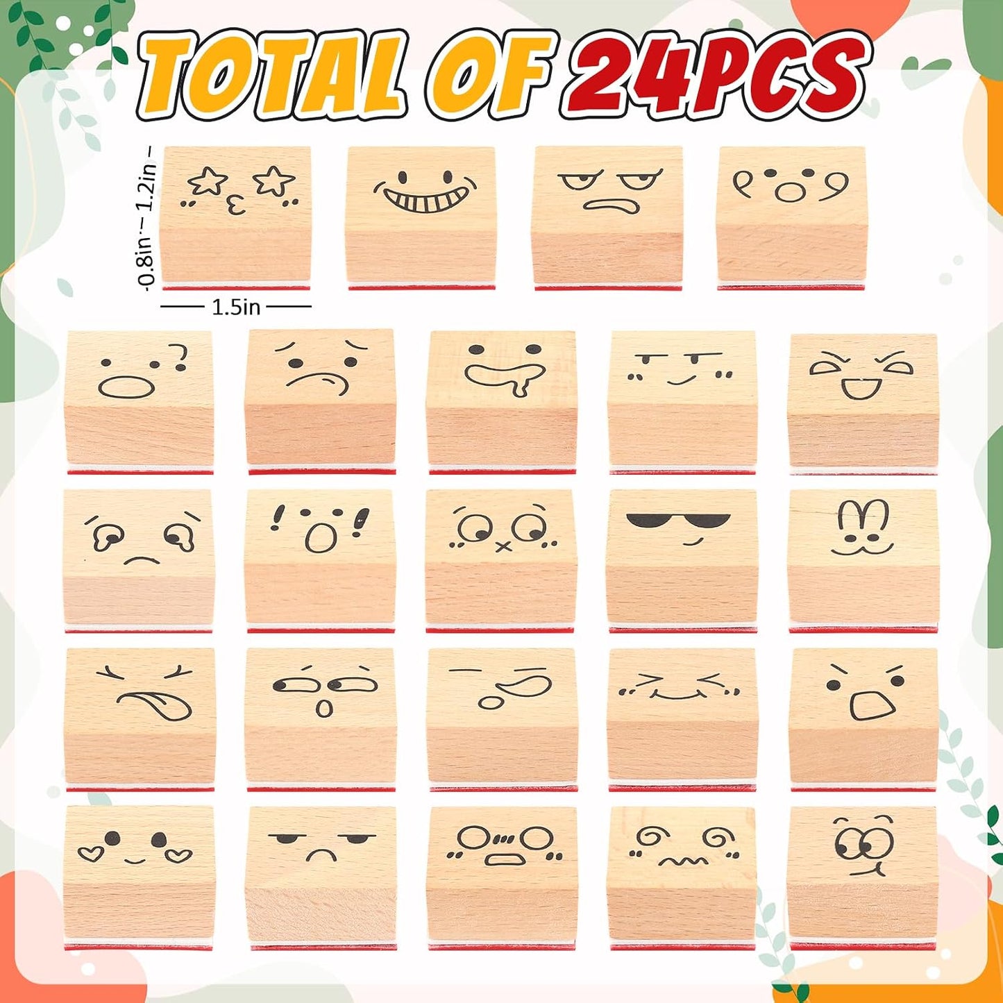 Whaline-24 piezas de sellos de goma de madera con expresiones divertidas de caras de dibujos animados