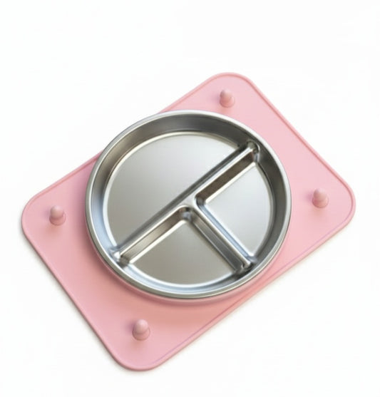 Plato de acero inoxidable con mat de silicona libre de BPA (incluye clip sostenedor para cubierto)