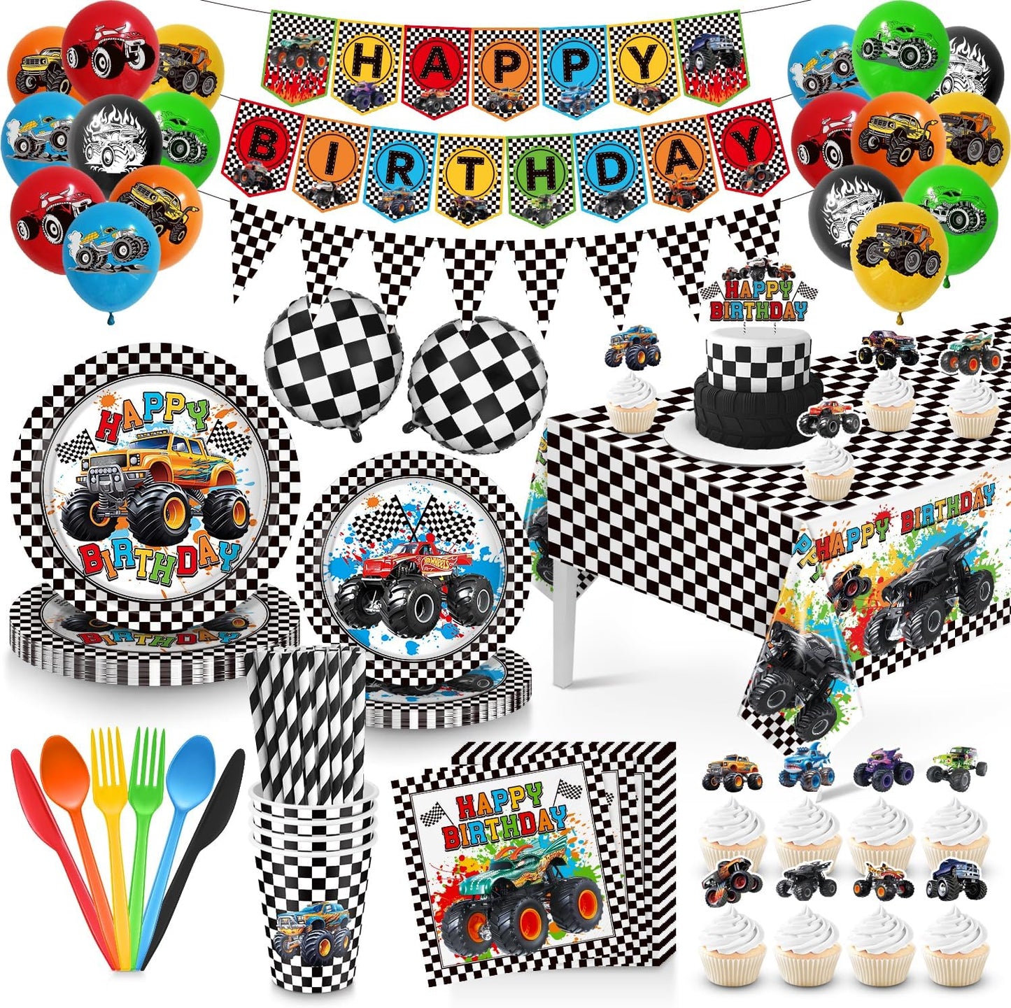 Juego de vajilla de 162 piezas para decoración de cumpleaños de Carros Monster