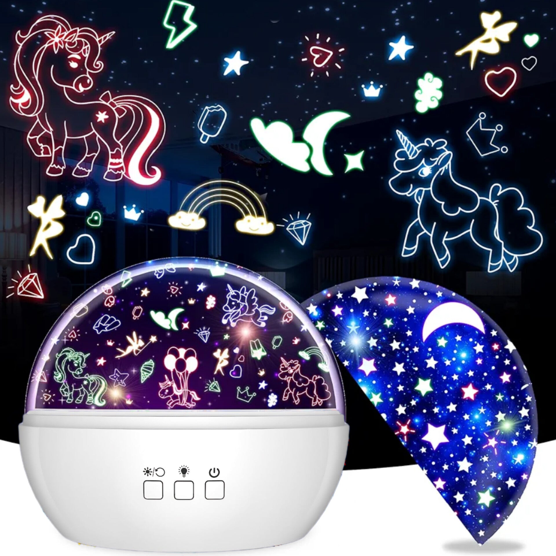 Proyector de luz nocturna, unicornios/ estrellas