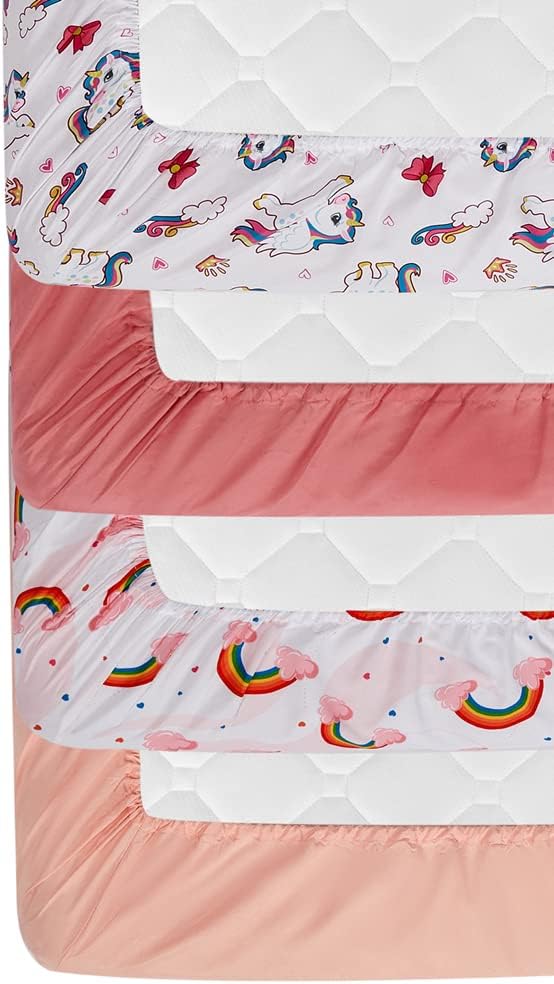 Juego de 4 sábanas ajustables rosas para cuna de bebé niña