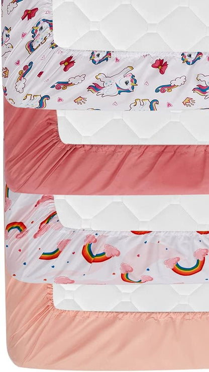Juego de 4 sábanas ajustables rosas para cuna de bebé niña