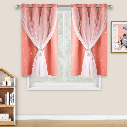 WELTOP - Cortinas de estrellas para niños, de doble capa, opacas, color coral, paquete de 2
