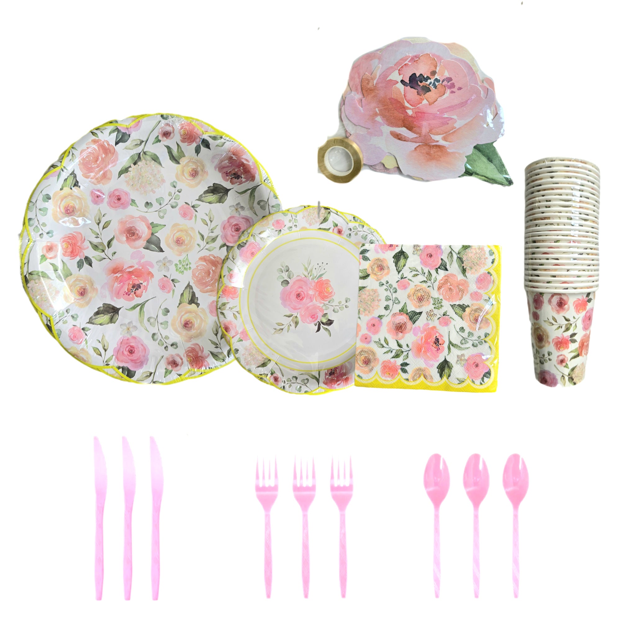 Set de vajilla de cartón para fiesta, diseño flores, 24 personas