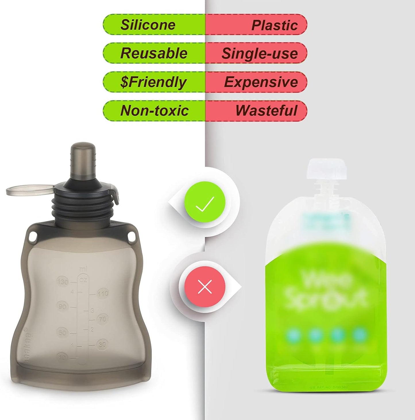 haakaa- Bolsa de almacenamiento  para alimentos de bebé y cepillo para limpieza, juego de 5 unidades, 9 y 4.5 onzas