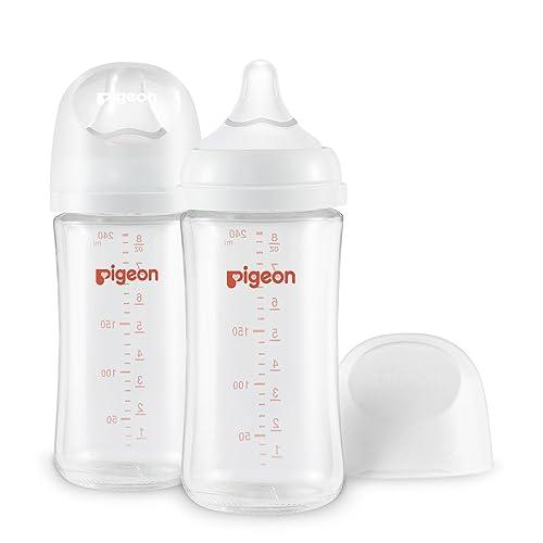 Pigeon- Biberón de cristal de cuello ancho, anticólicos, 8oz, tetina M: 3m+