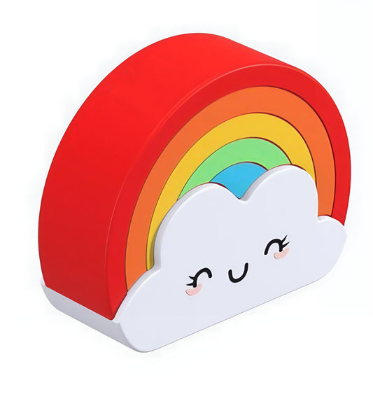 Altavoz portátil recargable por USB con cara sonriente de arcoíris y nubes