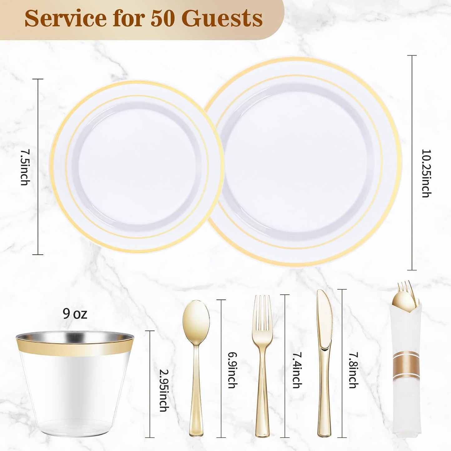 Juego de vajilla de plástico dorado de 350 piezas, platos de fiesta desechables, 50 invitados