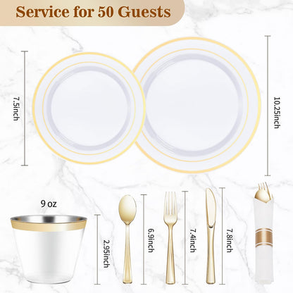 Juego de vajilla de plástico dorado de 350 piezas, platos de fiesta desechables, 50 invitados