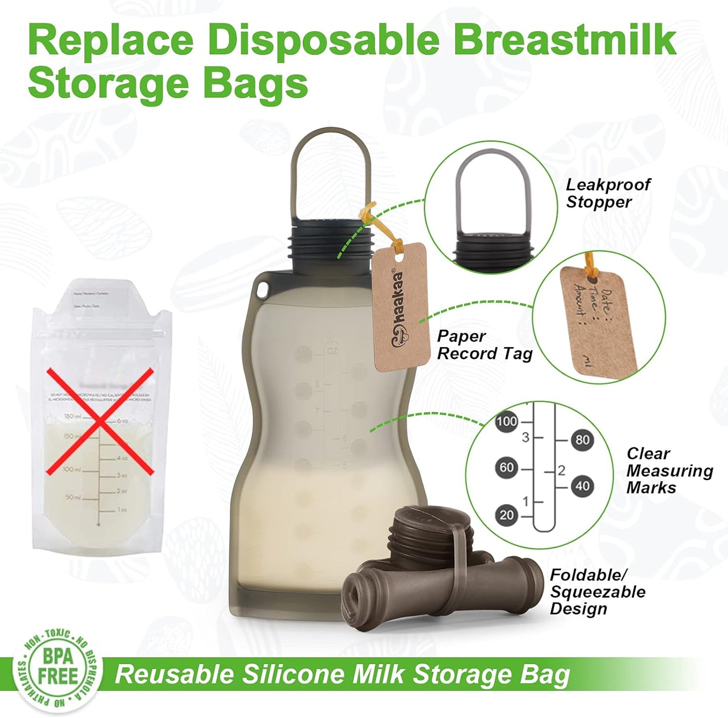 haakaa- Bolsa de almacenamiento  para alimentos de bebé y cepillo para limpieza, juego de 5 unidades, 9 y 4.5 onzas